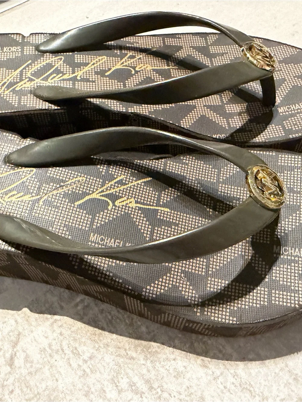 Michael Kors Brown MK Logo Platform Thong Sandal with Gold Accent